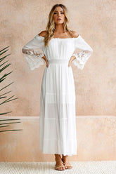 Robe longue plissée à manches trois-quarts et épaules dénudées pour femme
